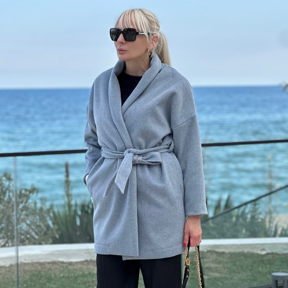 Дамско сиво палто тип халат AGGATA