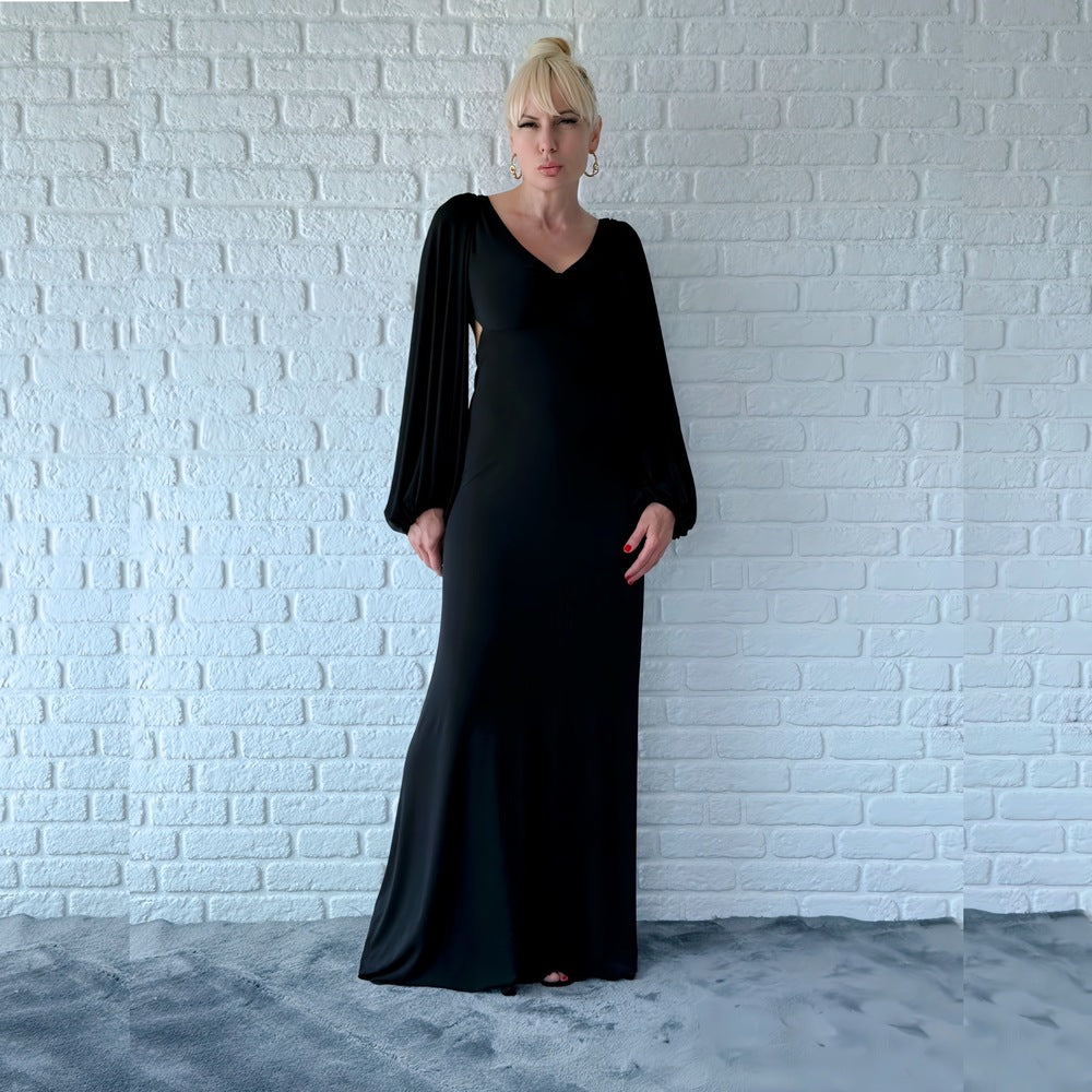 Дълга черна рокля с гол гръб и широк ръкав  AGGATA
